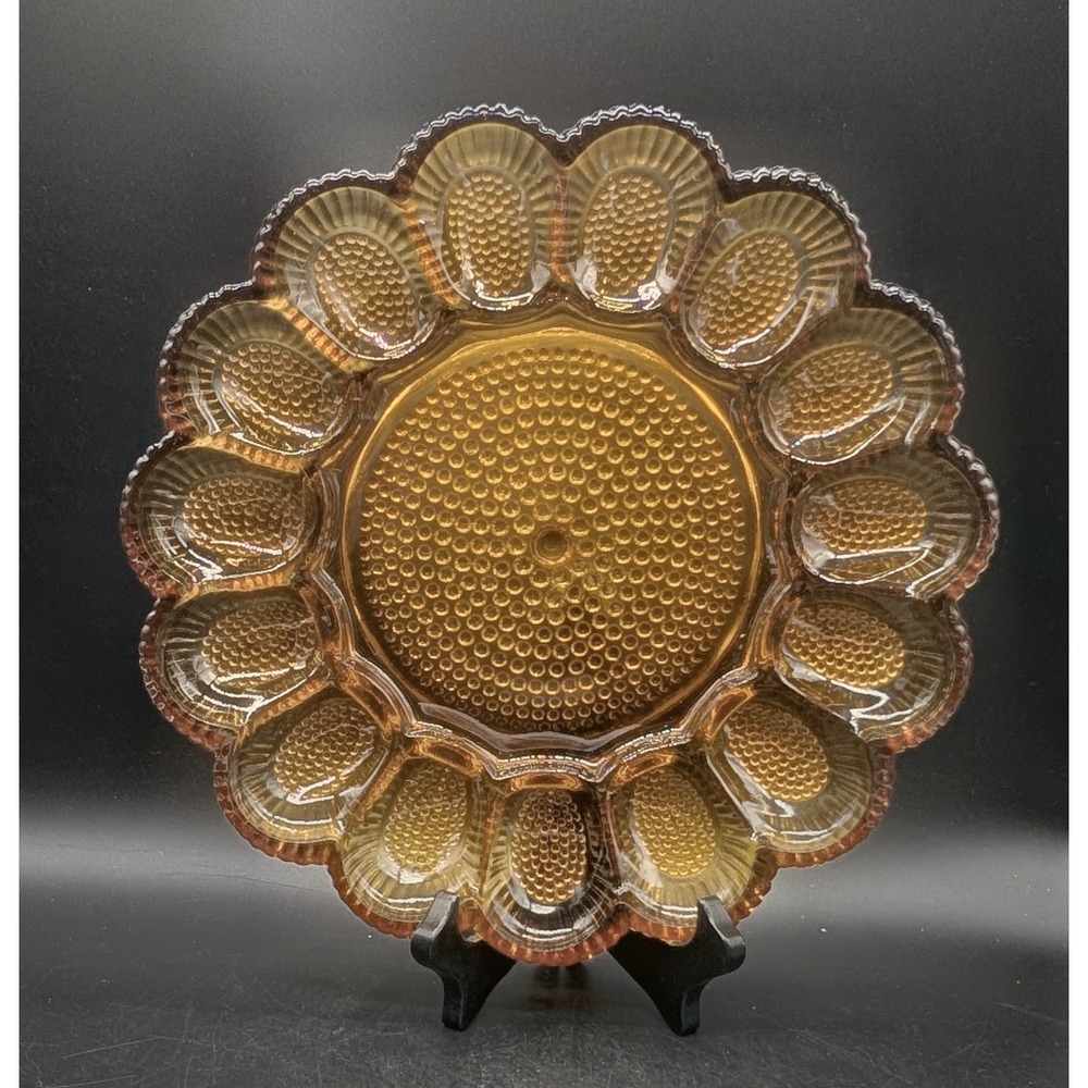 Vintage Indiana Glass Amber Deviled Egg Plate Tiara Sandwich Hobnail 15 Slot 11"